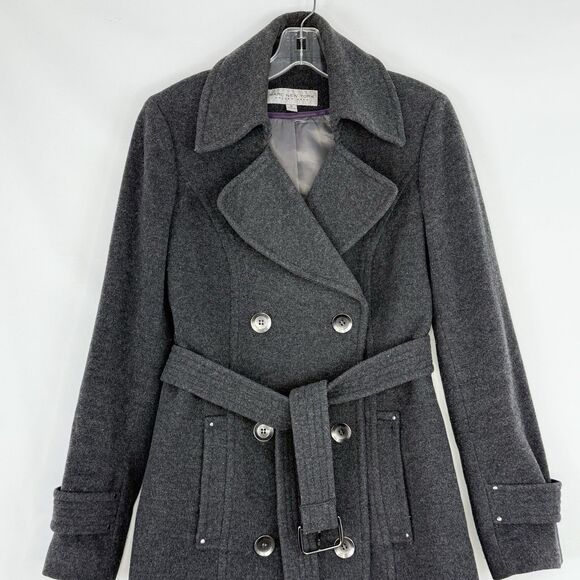 Marc New York Gray Wool Trench Coat Double Breasted Belted Women’s Size 6 Small - Picture 5 of 16